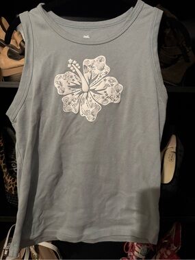 Women's Light Blue Tank Top with White Hibiscus Graphic